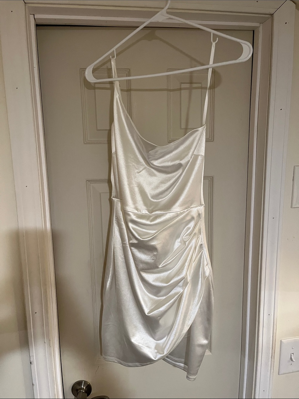 Windsor Ivory Satin Cowl Mini Dress with one strap, size M